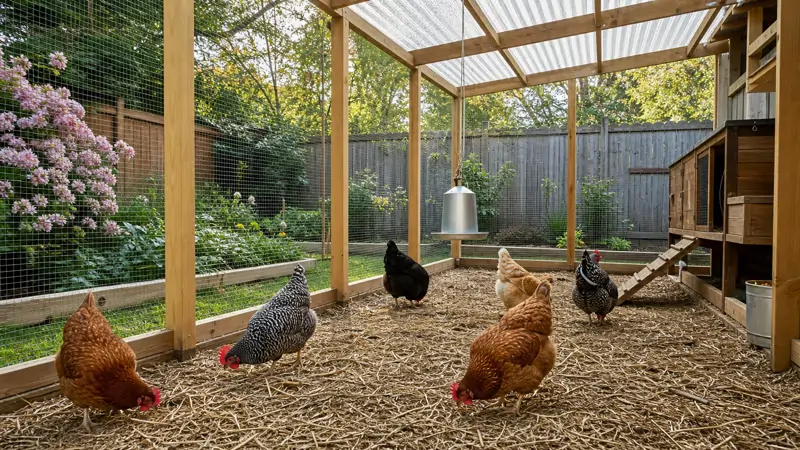 A spacious backyard chicken run with wire fencing, a partial roof, and hens foraging outside a wooden coop