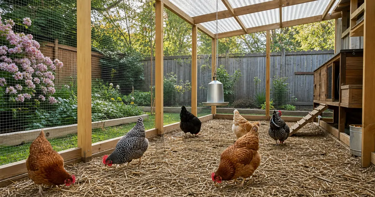 A spacious backyard chicken run with wire fencing, a partial roof, and hens foraging outside a wooden coop