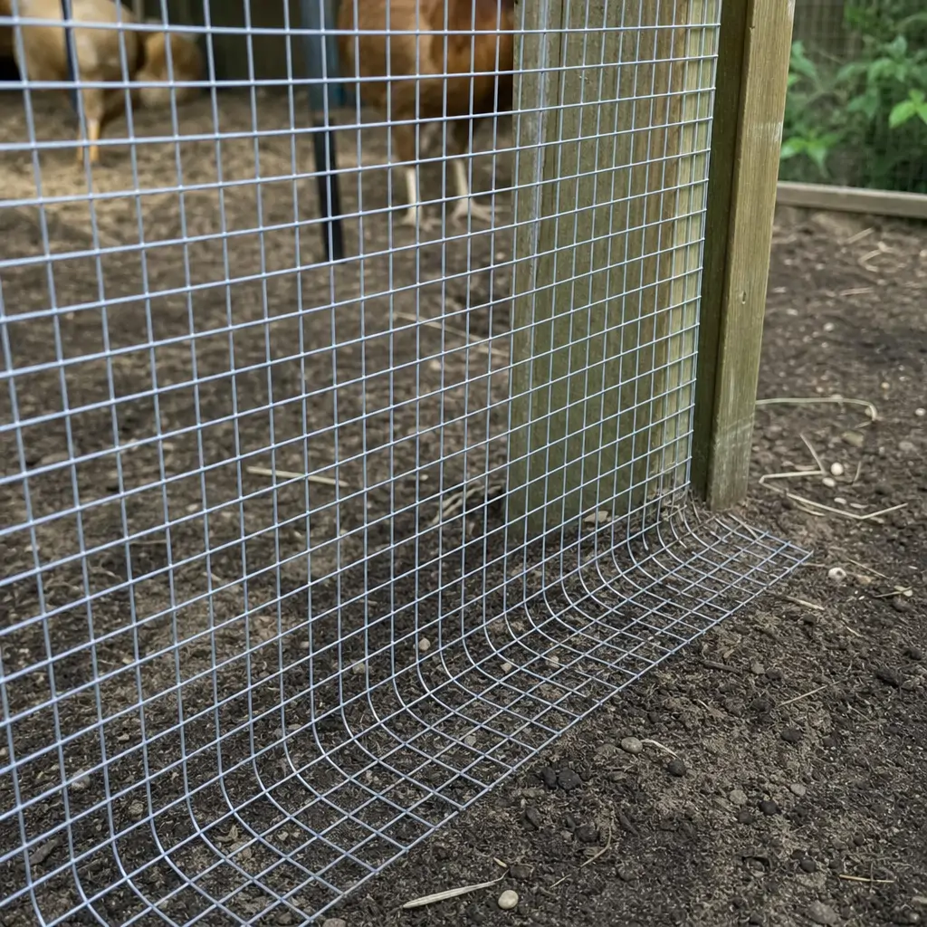 Close-up of buried hardware cloth fencing bent outward at the base of a chicken run