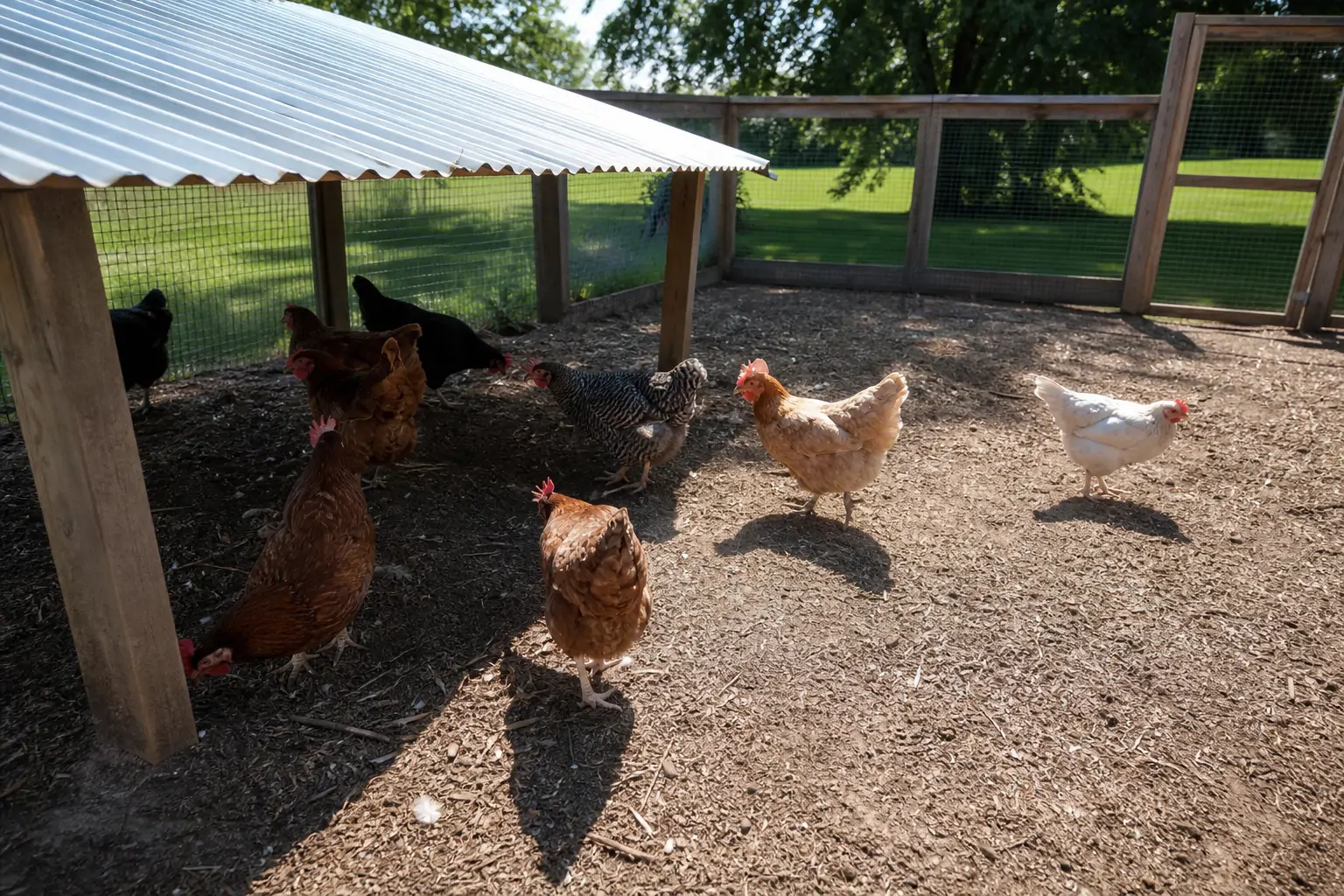 Chicken run divided into a shaded covered section and an open sunny section for hens