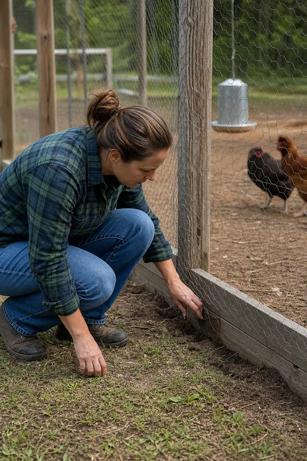 Person inspecting a chicken run fence line at ground level for gaps or erosion