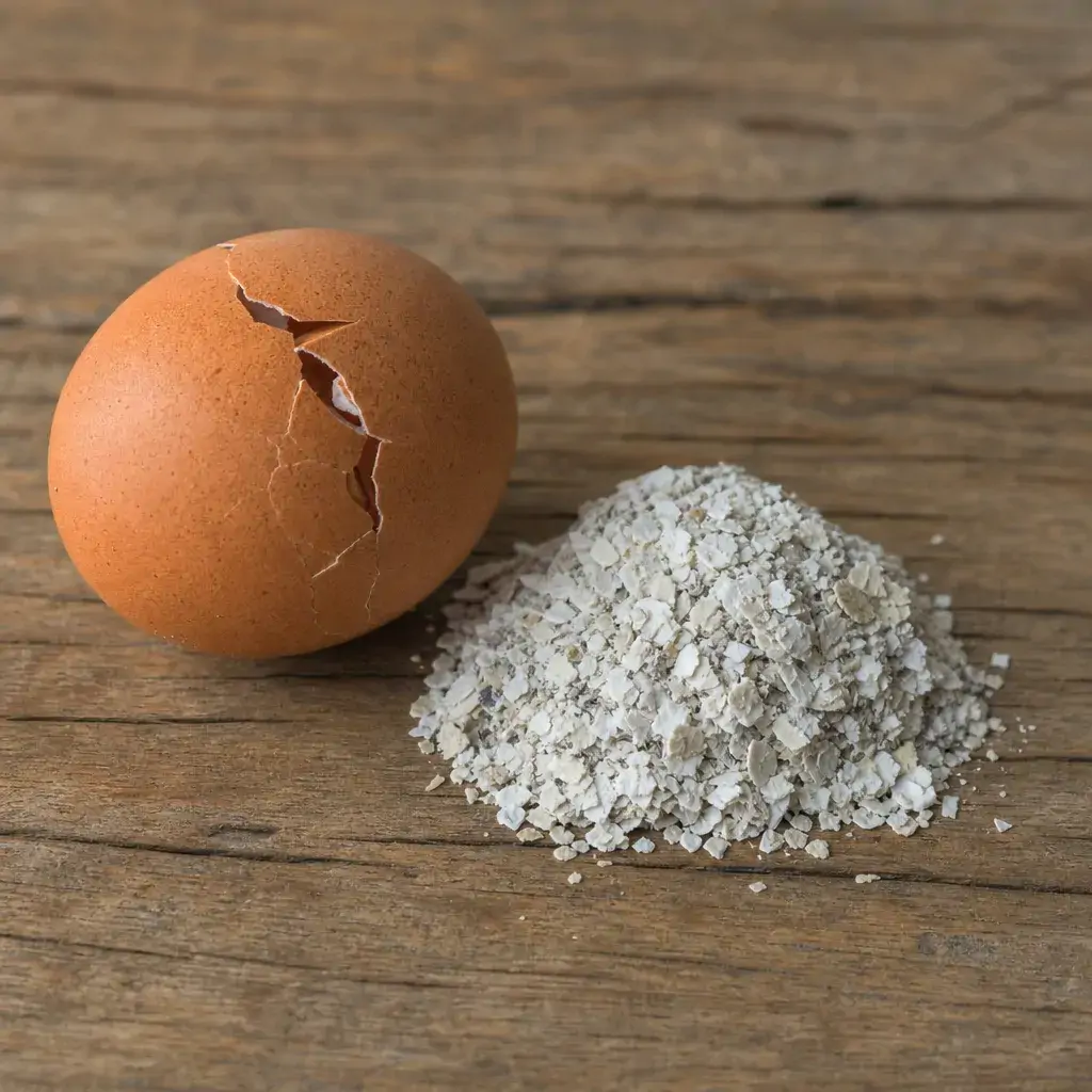 A cracked chicken egg beside a small pile of crushed oyster shell