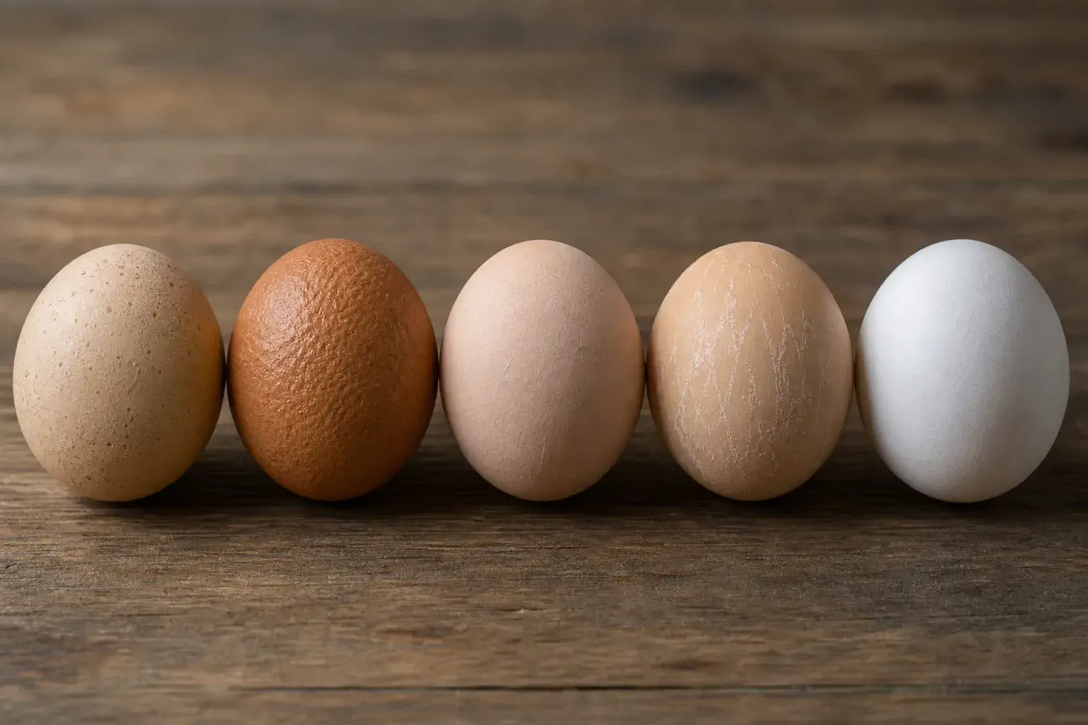Several chicken eggs with varying shell textures lined up for comparison