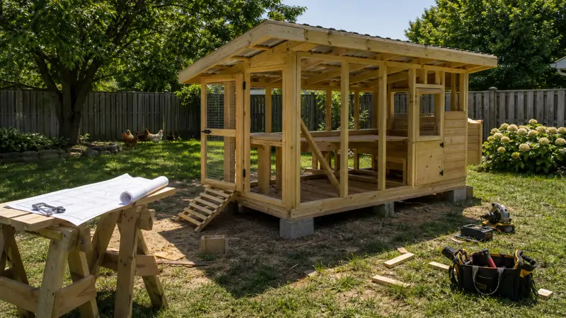 Wooden backyard chicken coop under construction with plans laid out nearby