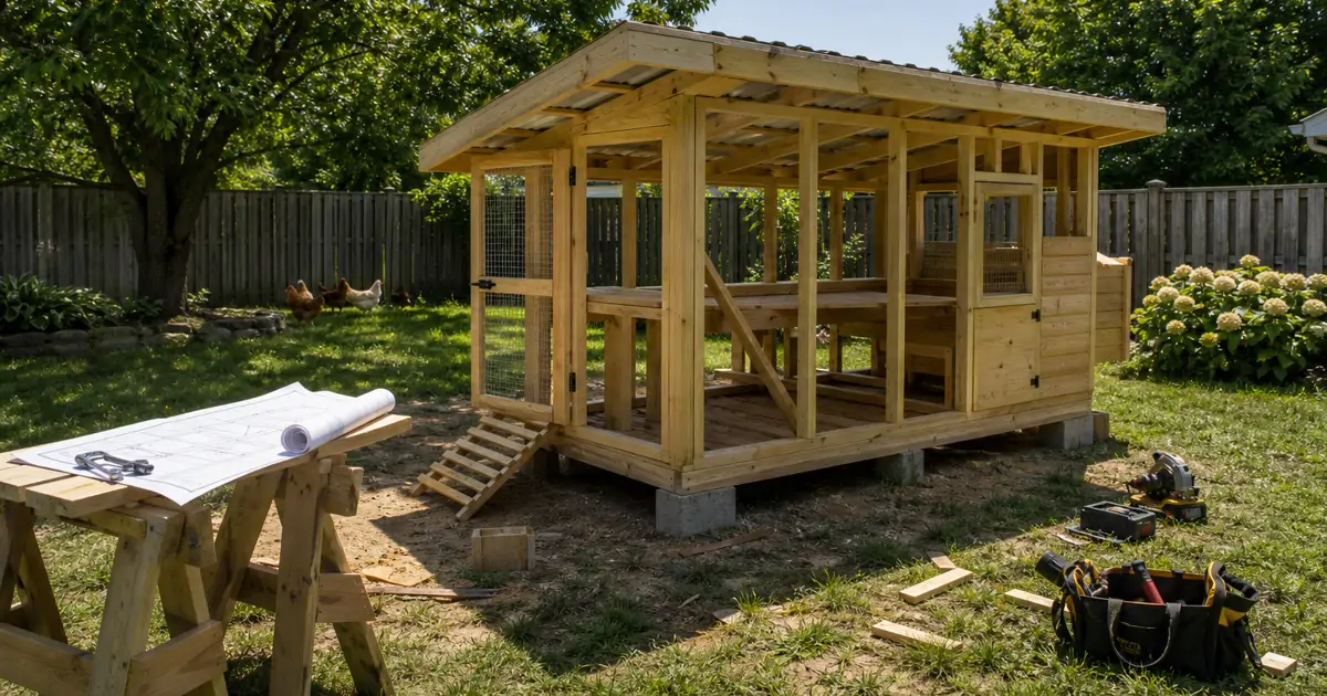 Wooden backyard chicken coop under construction with plans laid out nearby