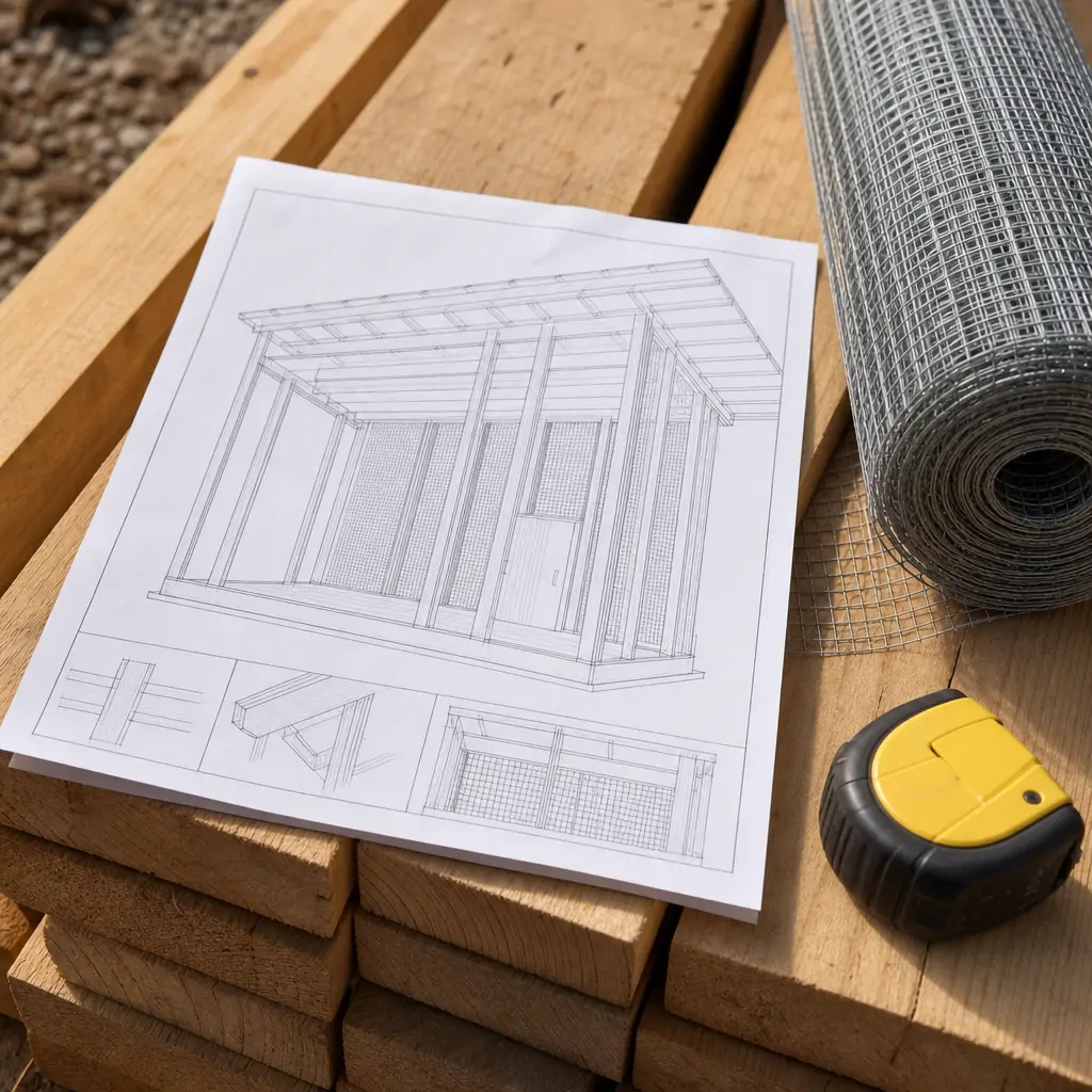Close-up of a printed coop plan materials list next to lumber and hardware cloth rolls