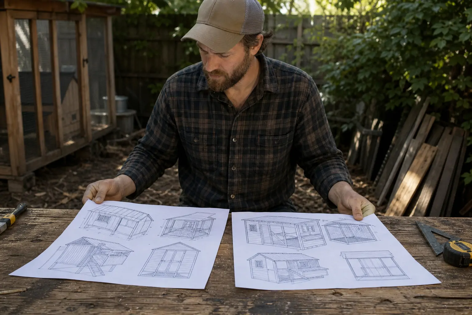 Person comparing two printed chicken coop blueprints spread out on a workbench outdoors