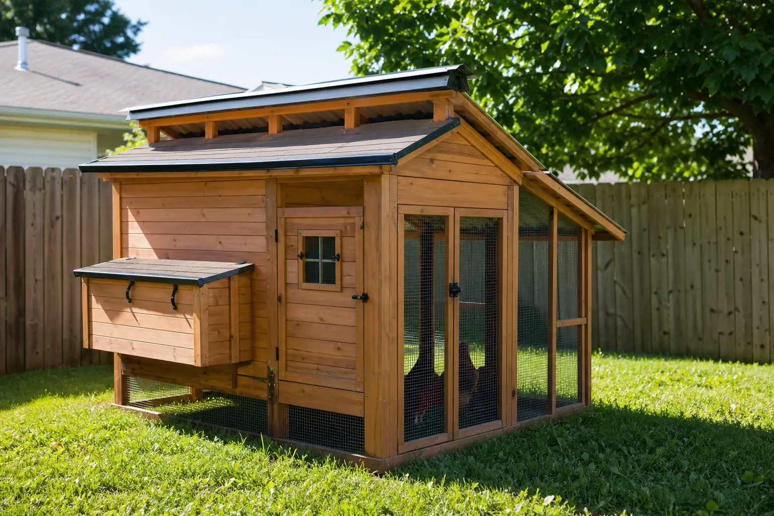 Small backyard chicken coop with enlarged roof vents adapted for a hot climate