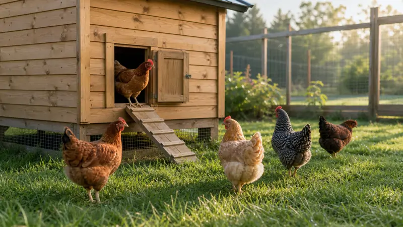 A wooden chicken coop with a small pop door and ramp leading down to a fenced run