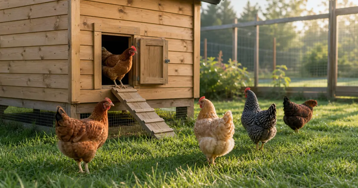 A wooden chicken coop with a small pop door and ramp leading down to a fenced run