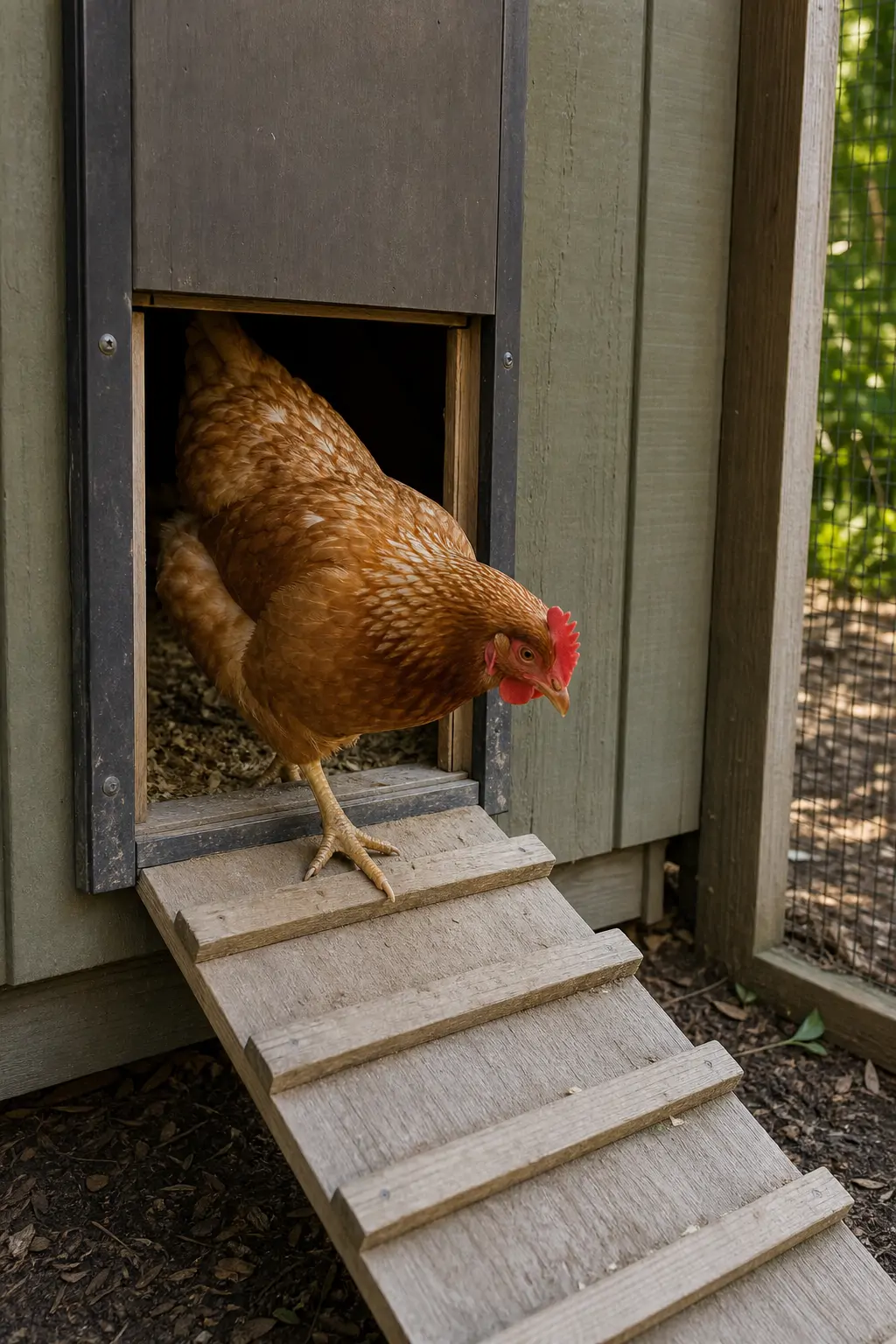 Close-up of a chicken coop pop door threshold with a low wooden ramp and horizontal traction cleats
