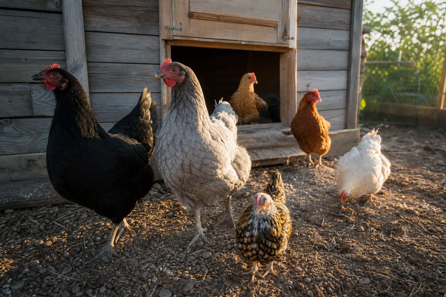 Several chickens of different sizes lining up to enter a coop through a wide pop door