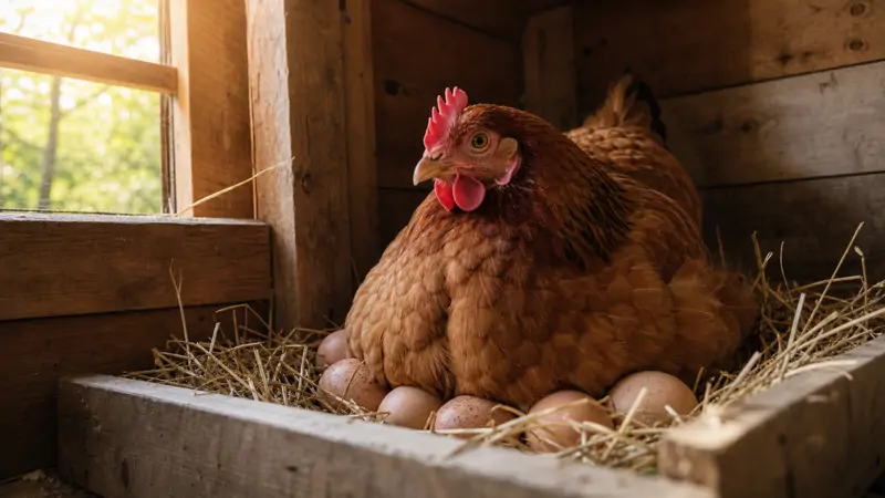 A broody hen sitting protectively on a nest full of eggs in a backyard coop