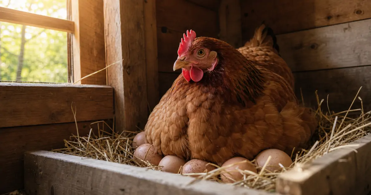 A broody hen sitting protectively on a nest full of eggs in a backyard coop