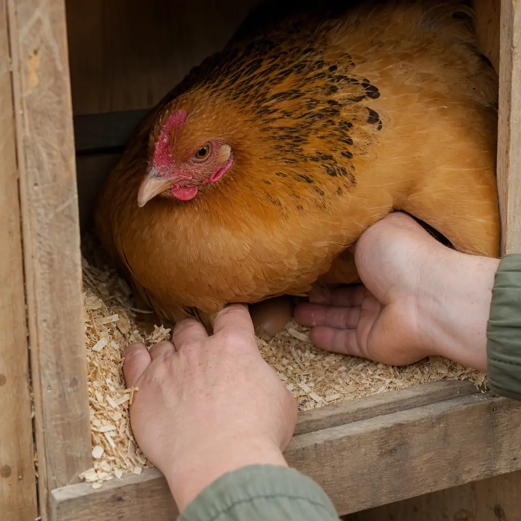 A keeper gently checking a broody hen sitting stubbornly in a nesting box