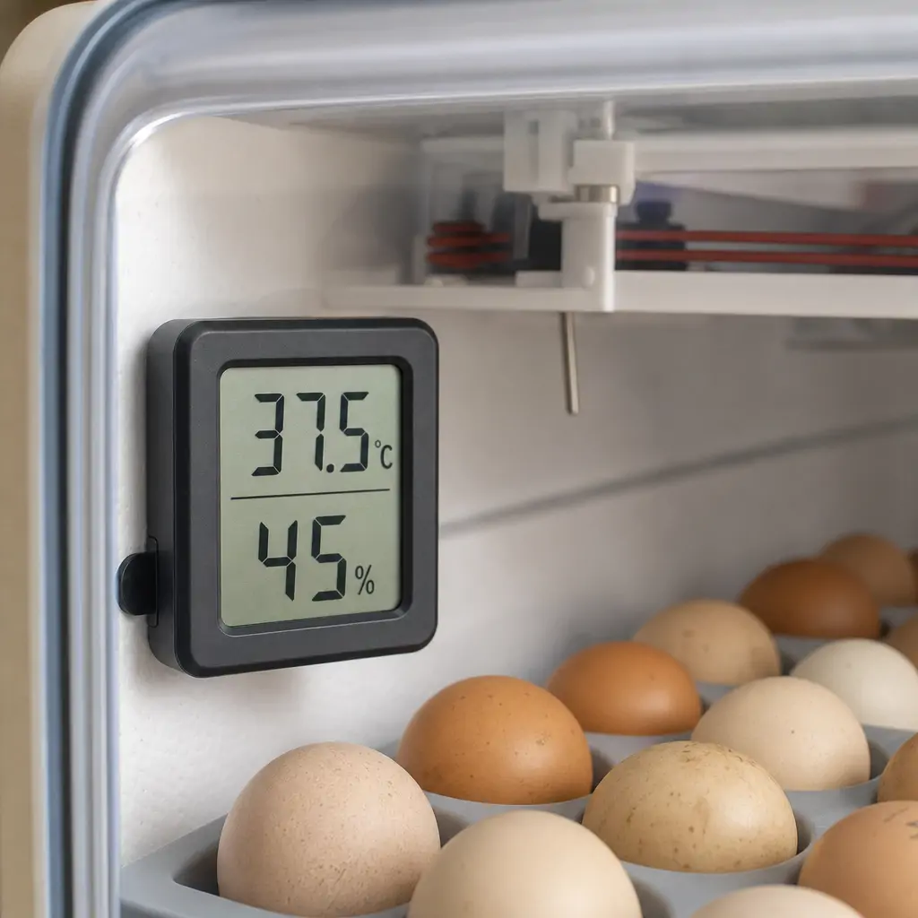 A digital thermometer and hygrometer resting inside an open egg incubator