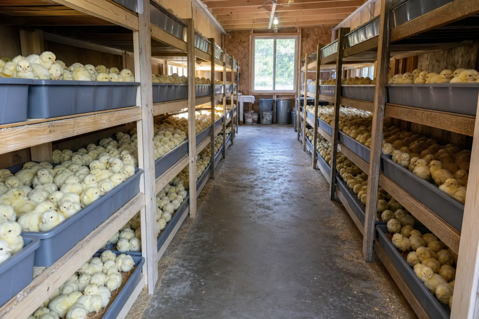 Rows of young chicks in bins at a small local hatchery building