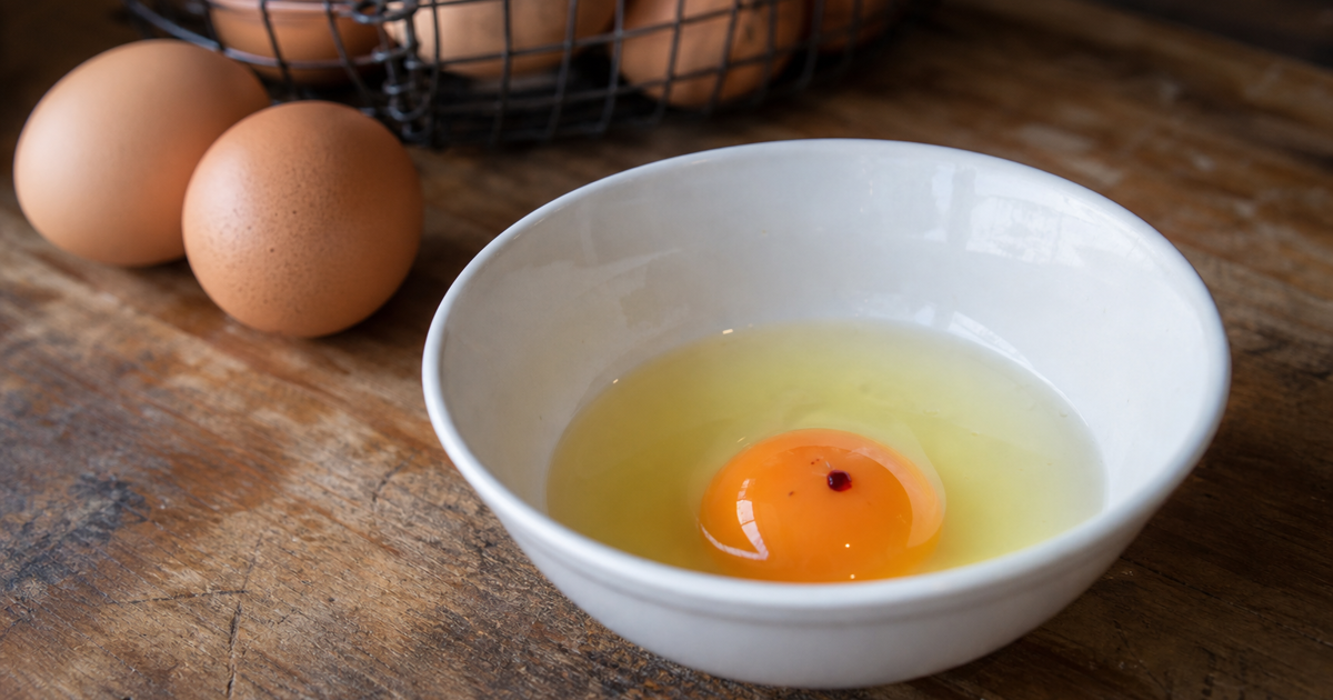 Cracked backyard chicken egg in a white bowl showing a small red blood spot on the yolk