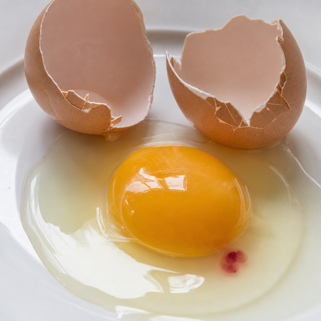 A cracked chicken egg showing a small red blood spot near the yolk