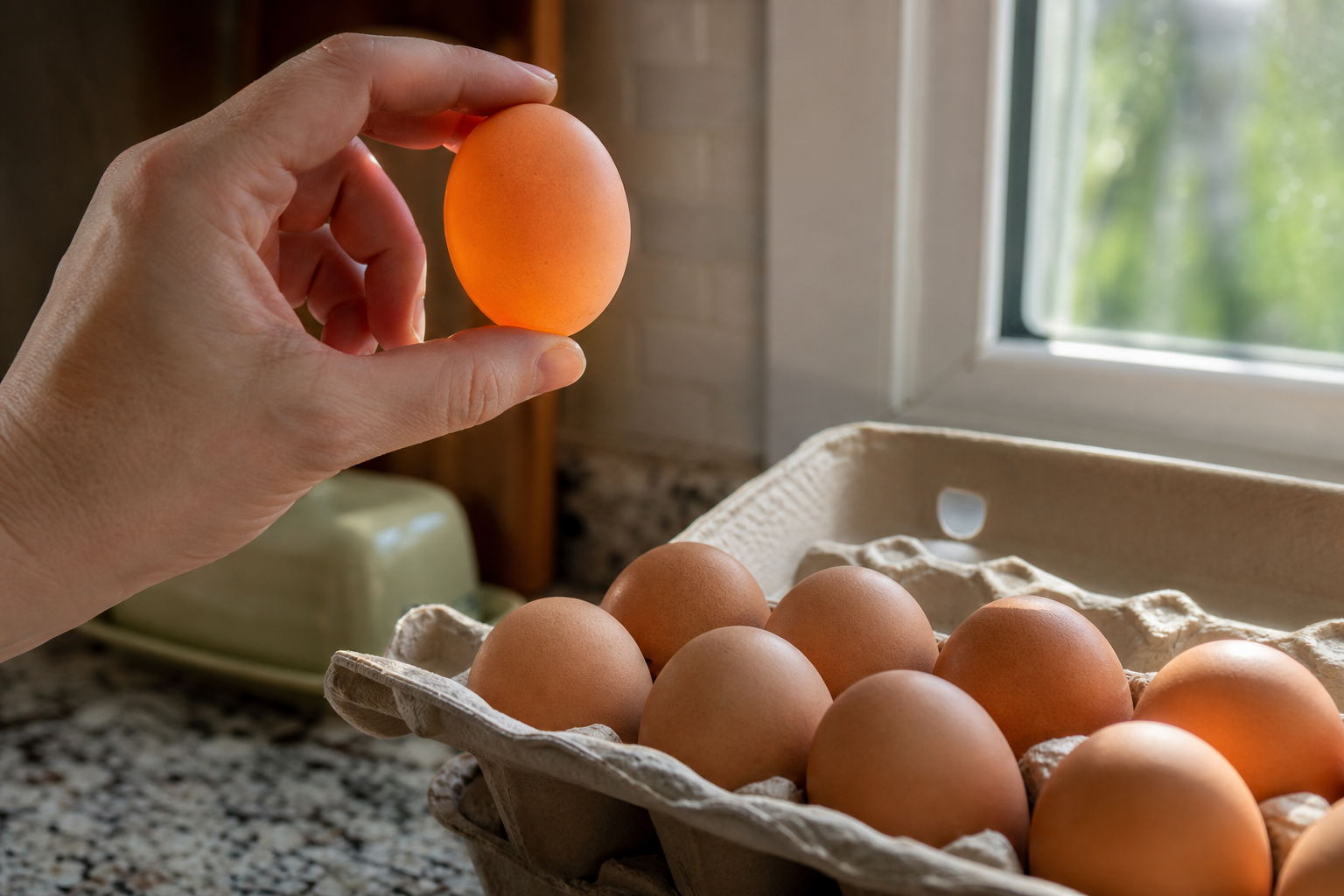 A carton of fresh brown eggs being checked over natural light