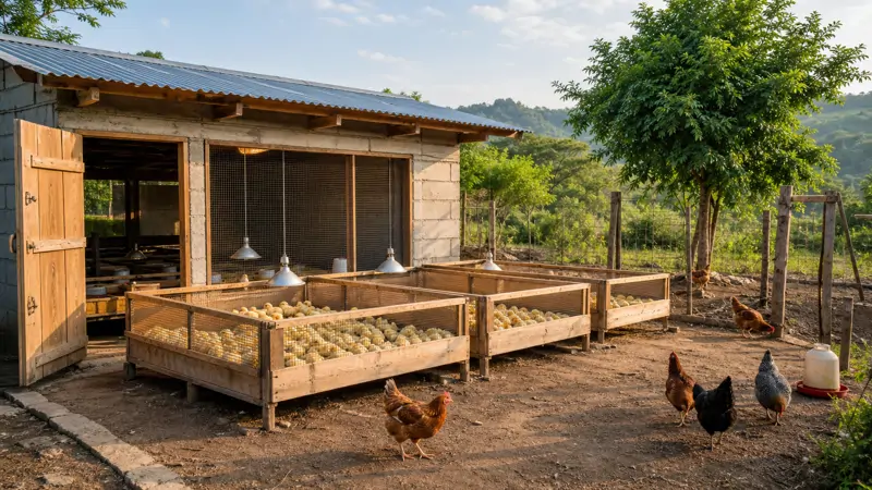 A small local chicken hatchery building surrounded by pens of young chicks and laying hens