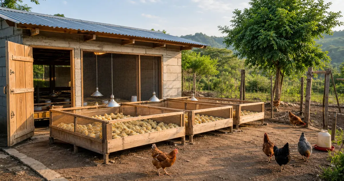 A small local chicken hatchery building surrounded by pens of young chicks and laying hens