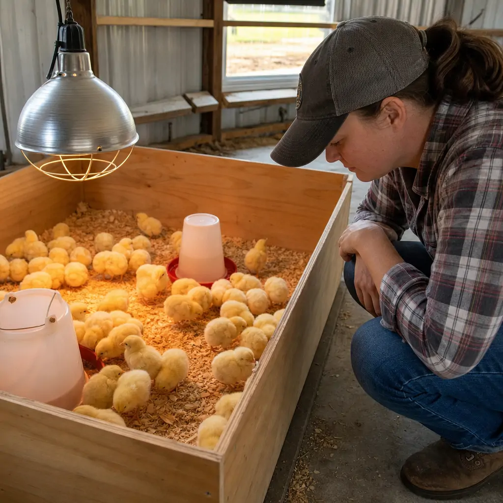 A person inspecting a clean brooder box filled with healthy young chicks at a small hatchery