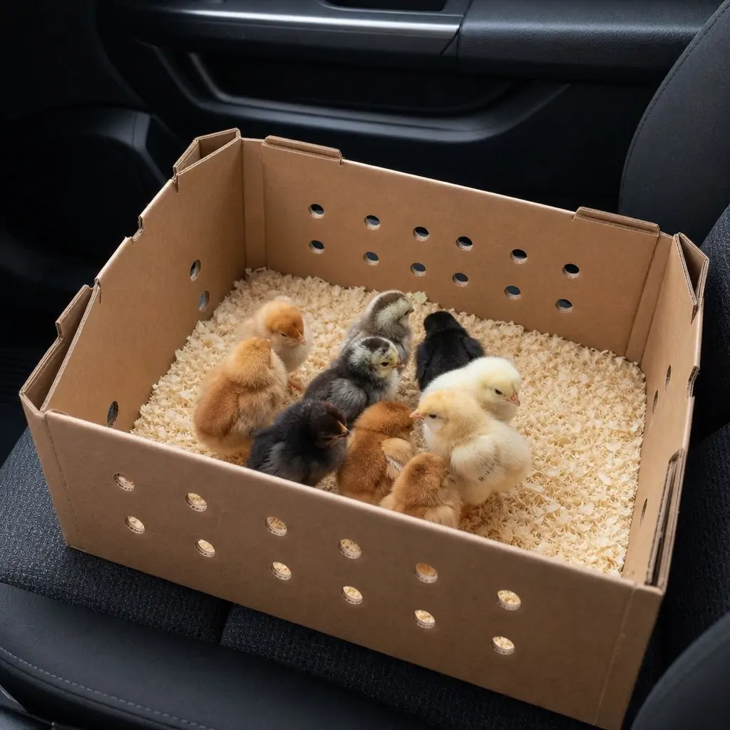 A ventilated cardboard carrier box being prepared in a car to safely transport newly purchased chicks