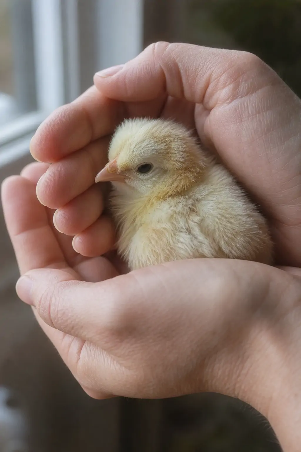 Close-up of a healthy day-old chick being examined in cupped hands before it goes into a brooder