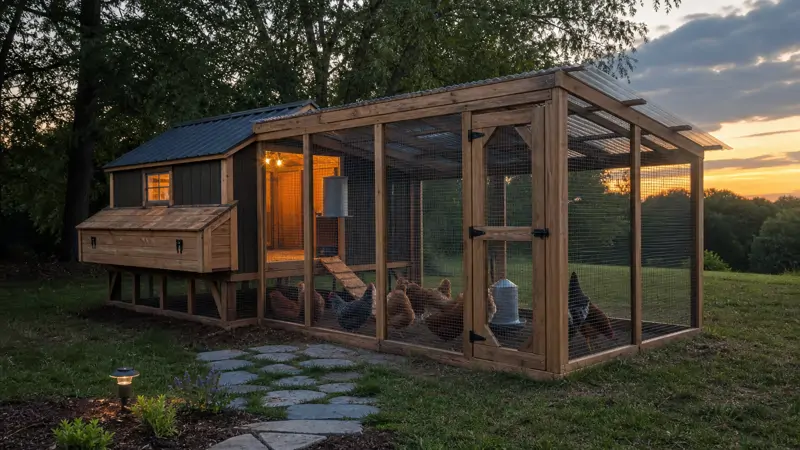 A secure backyard chicken coop surrounded by wire fencing at dusk with hens inside