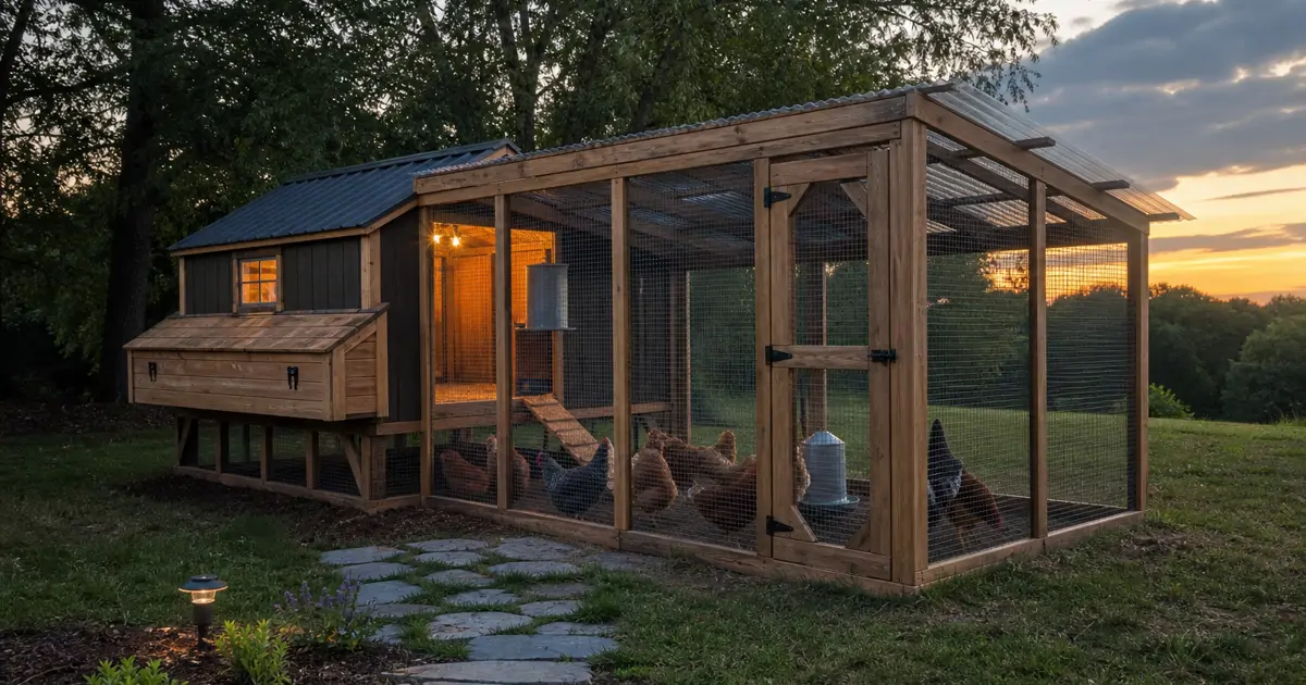 A secure backyard chicken coop surrounded by wire fencing at dusk with hens inside