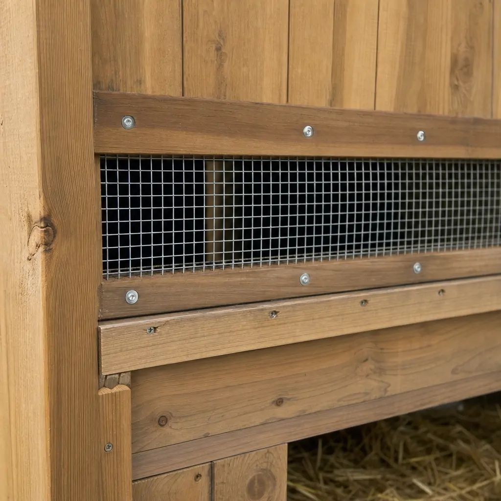 Close-up of a solid wooden coop wall reinforced with hardware cloth over a vent opening
