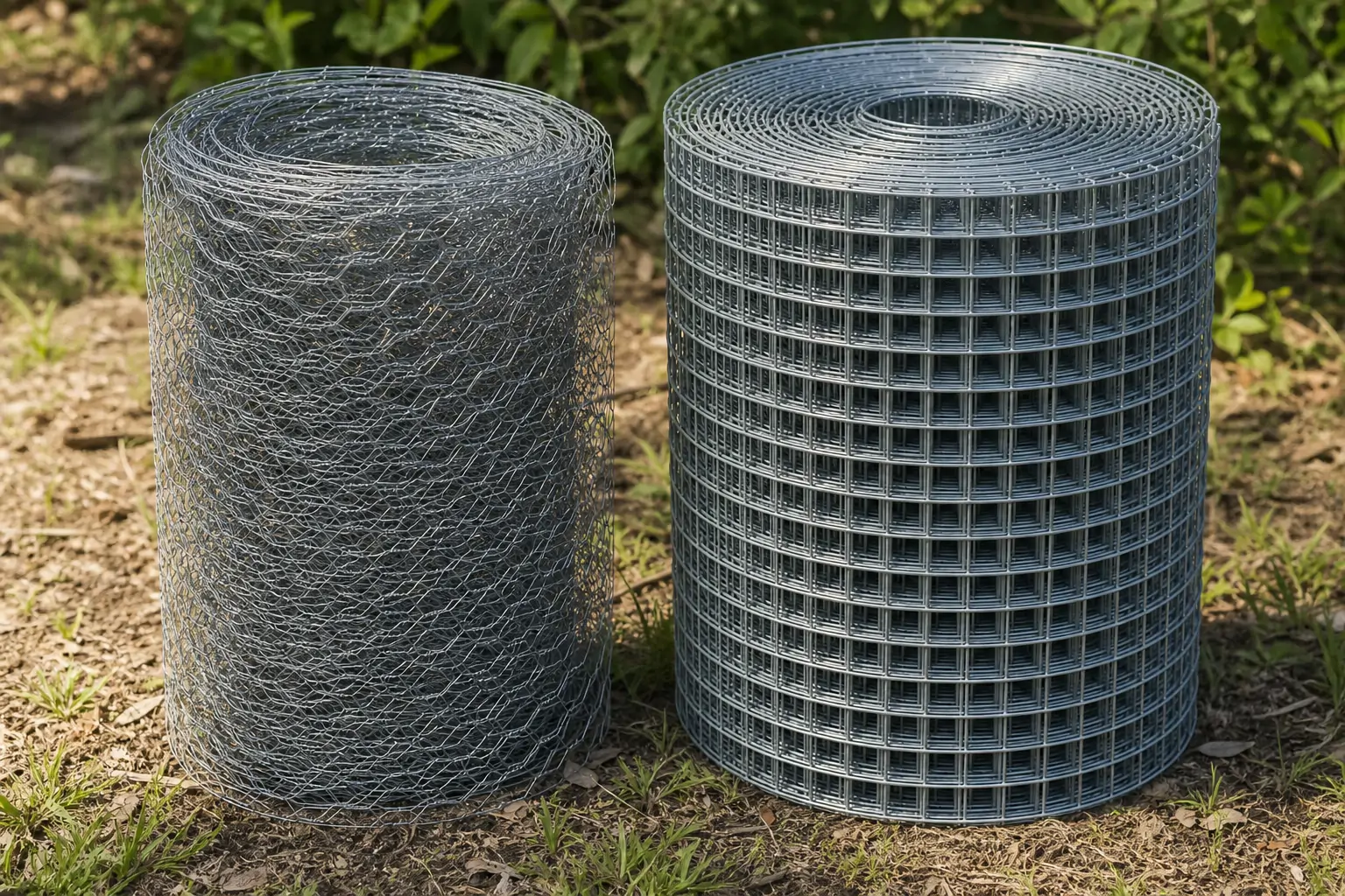 Side by side comparison of chicken wire and heavier gauge hardware cloth fencing rolls