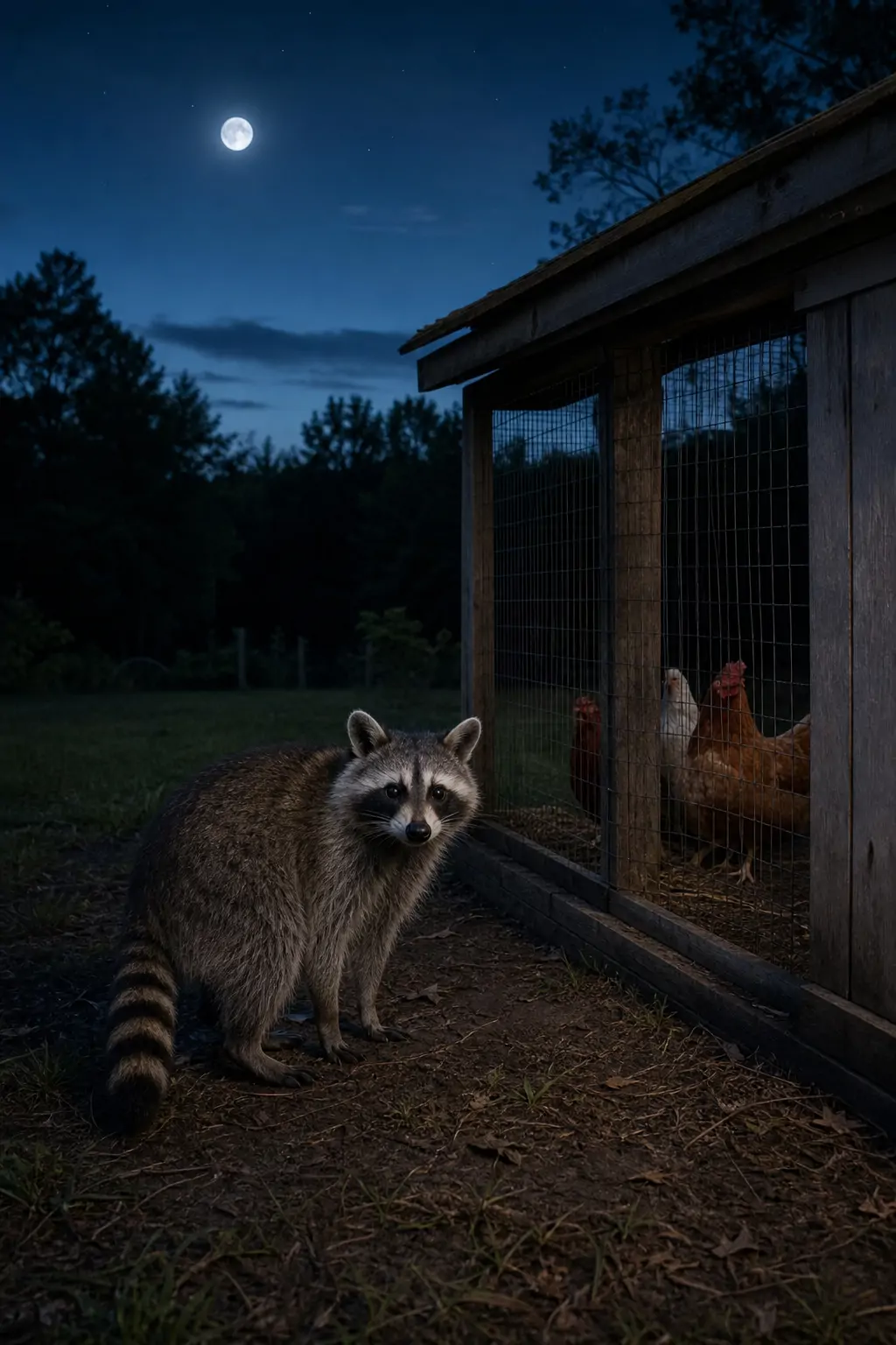 A raccoon investigating a chicken coop fence line at night near a rural backyard