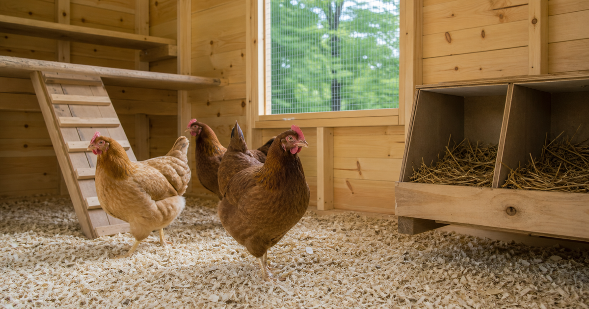 Brown hens exploring a new backyard coop with fresh bedding and an empty wooden nesting box