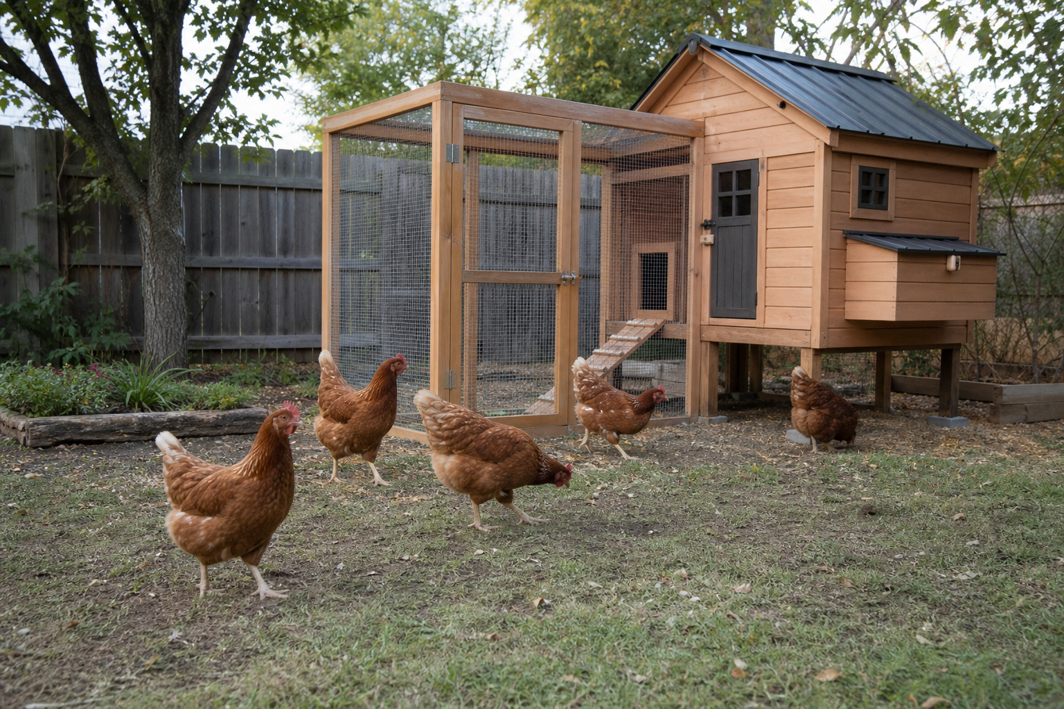 A small flock of hens exploring a newly set up backyard coop and run