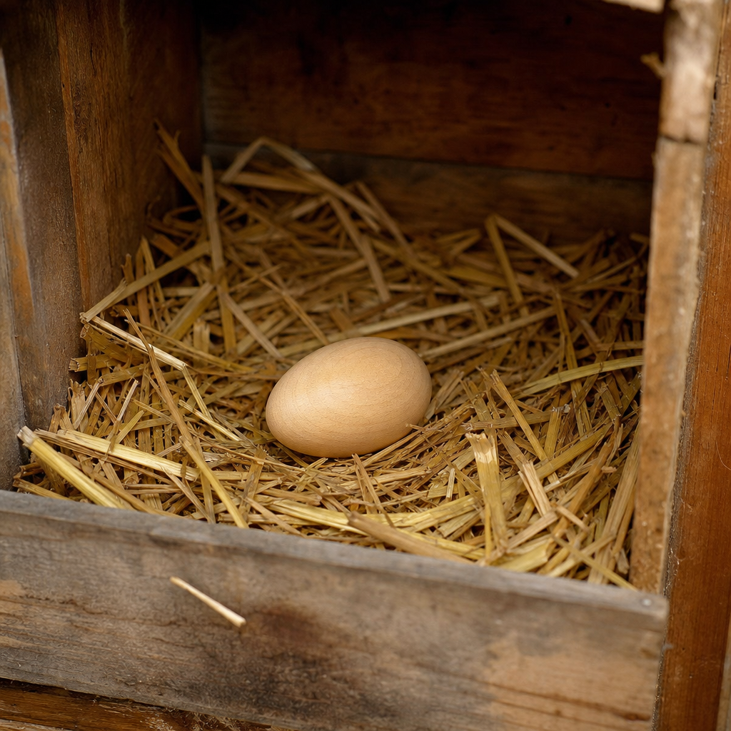 A straw-filled nest box with a wooden dummy egg inside to encourage laying