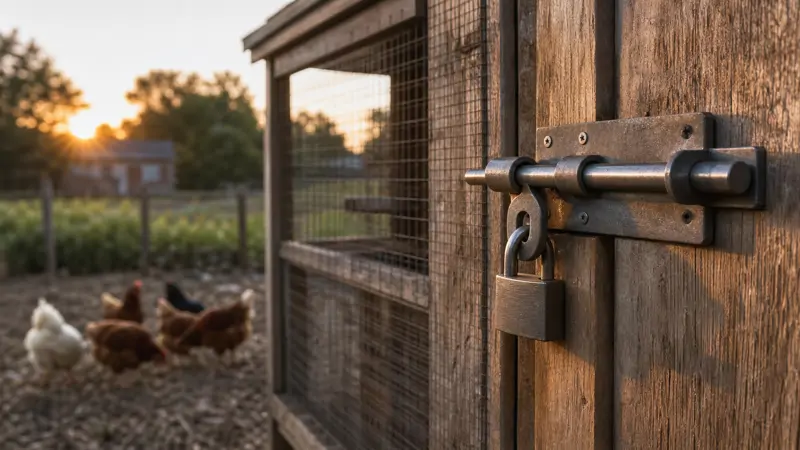 Close-up of a heavy duty metal latch and padlock securing a wooden chicken coop door