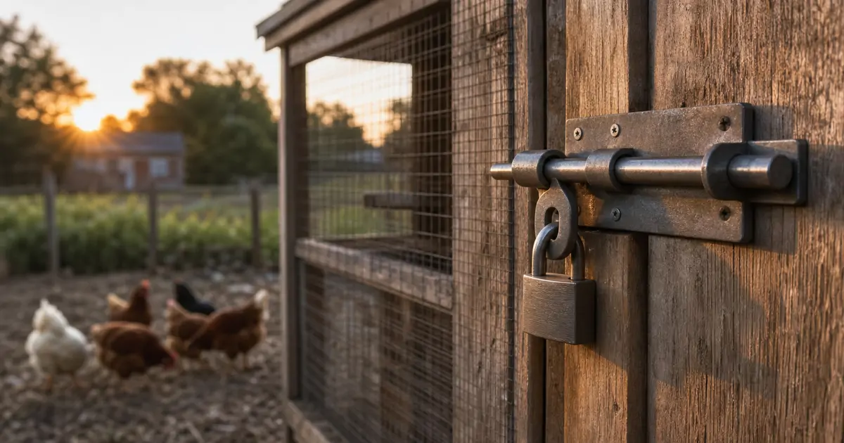 Close-up of a heavy duty metal latch and padlock securing a wooden chicken coop door