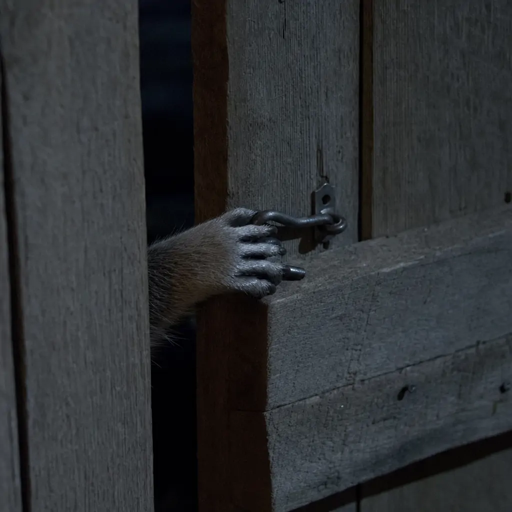 Raccoon paw reaching through coop door gap testing a simple latch mechanism at night