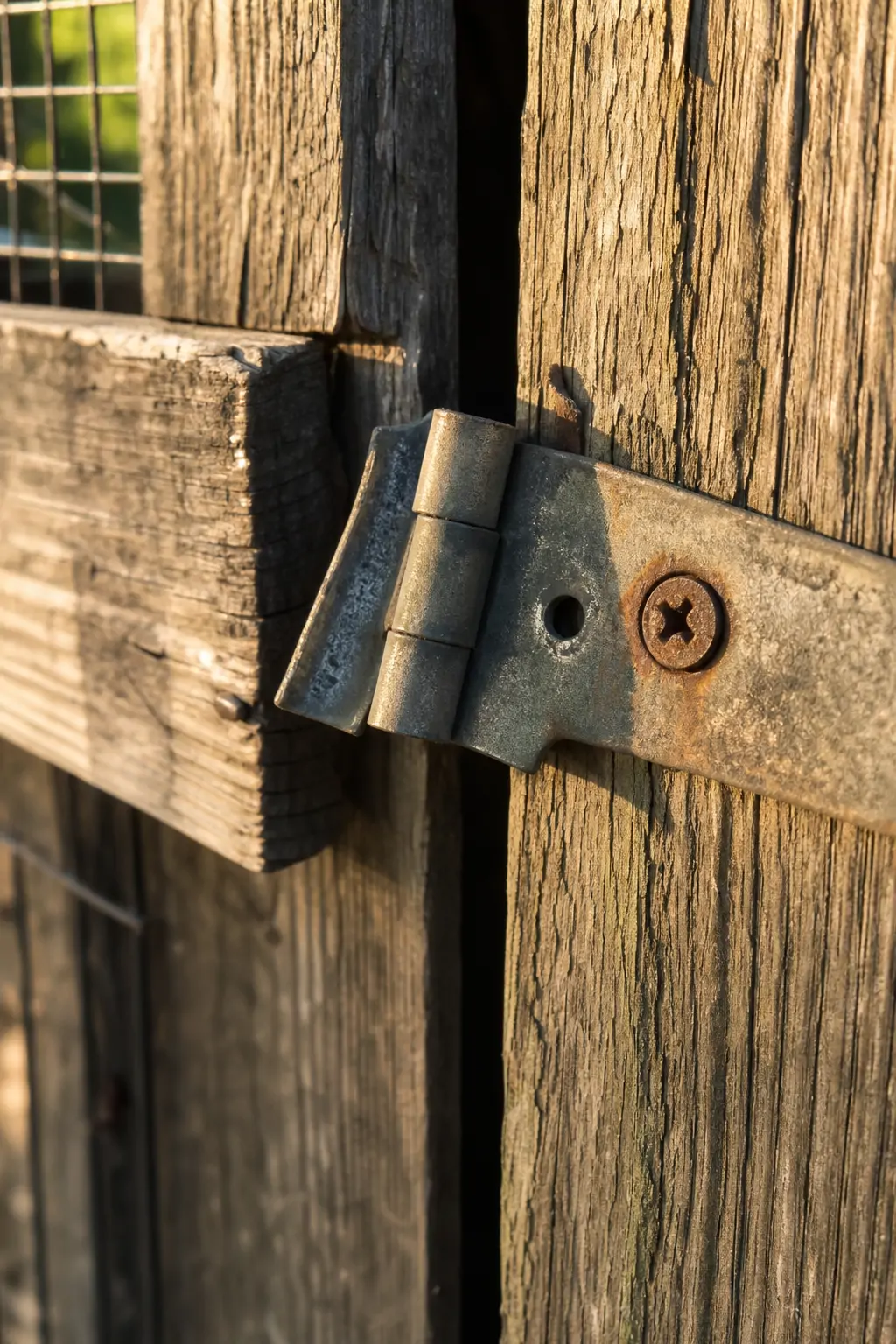 Close-up of a rusted screw and loose latch hinge on an aging wooden coop door