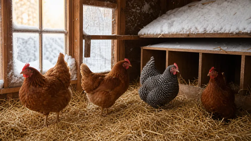 Brown hens standing in a straw-covered coop beside nesting boxes on a snowy winter morning
