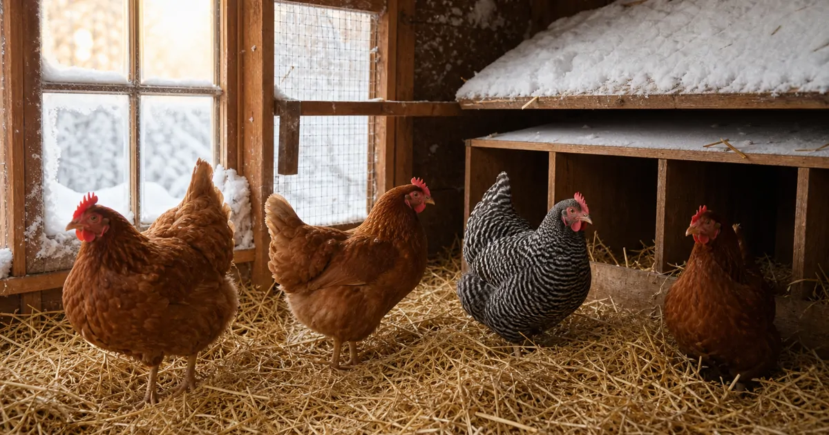 Brown hens standing in a straw-covered coop beside nesting boxes on a snowy winter morning