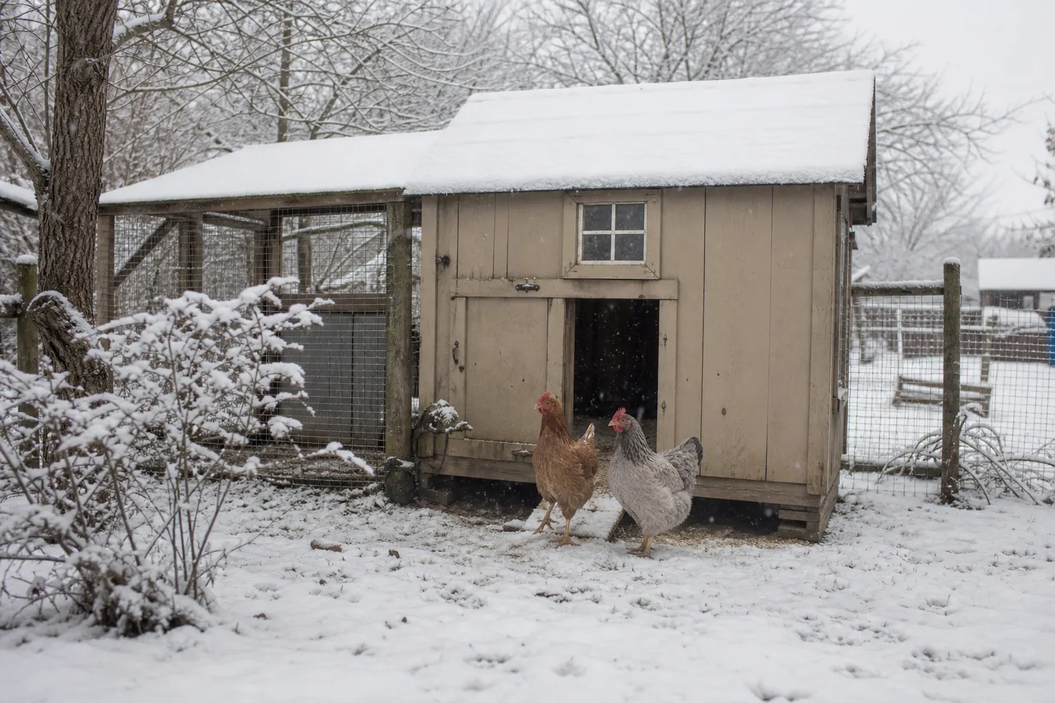 A snow-covered backyard chicken coop in winter with hens near the entrance