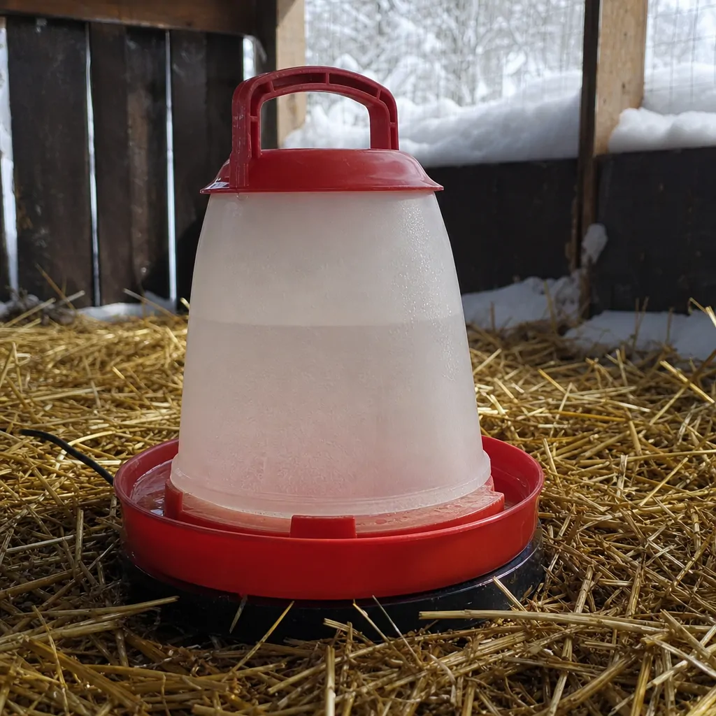 A heated chicken waterer keeping water from freezing in cold weather