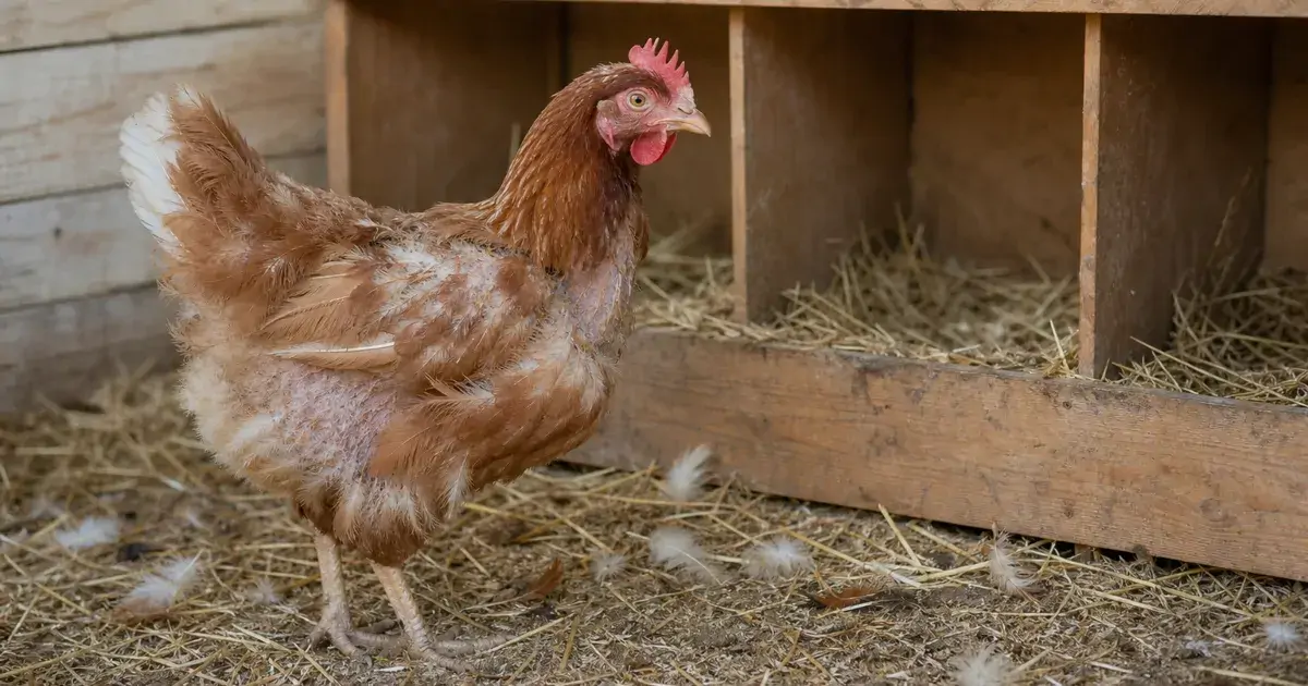 Backyard hen with patchy new feathers standing near scattered feathers beside a wooden nesting box