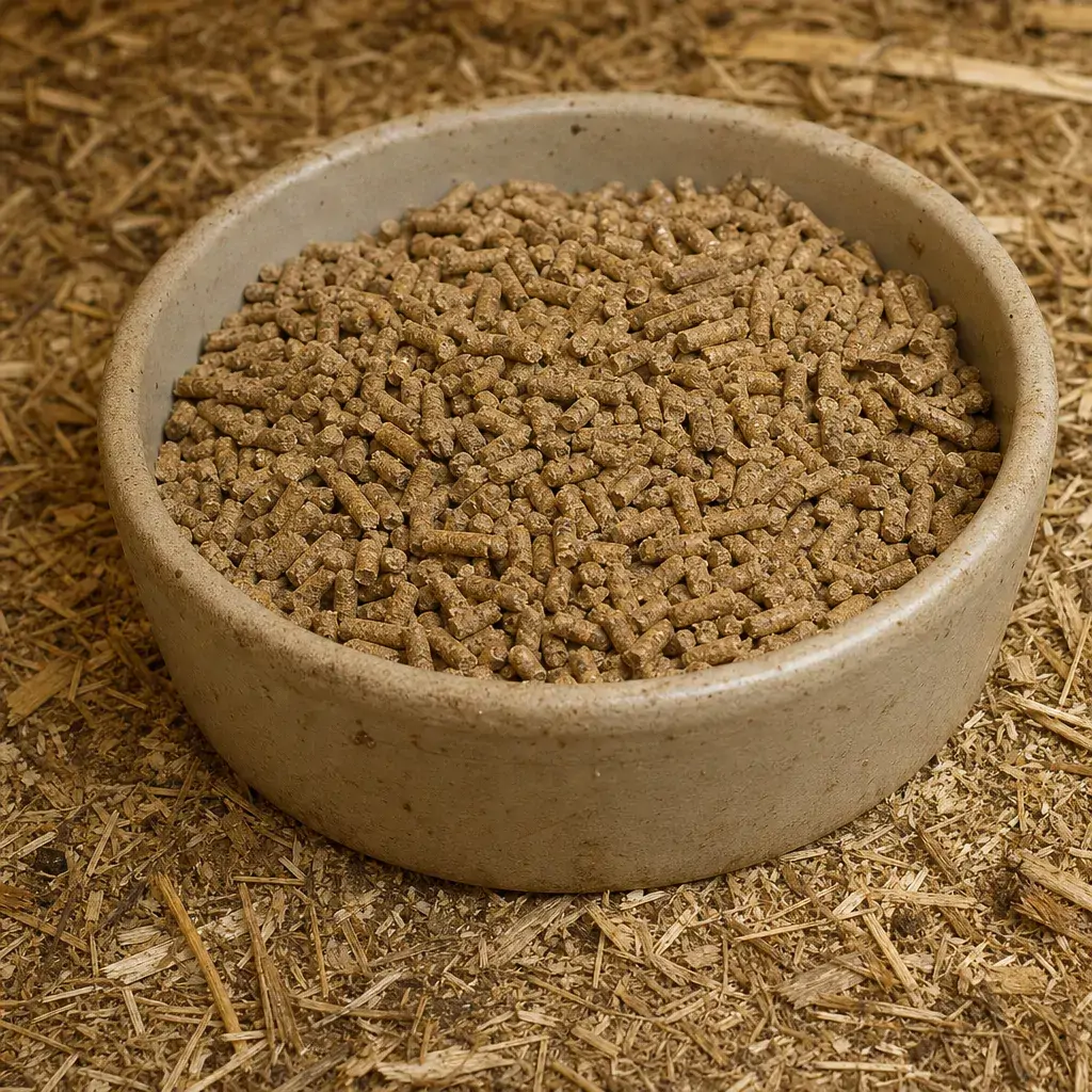 A feed dish with high-protein pellets for molting hens