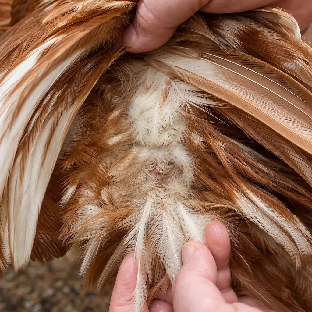 A close-up of a hen's wing and vent feathers being checked for mites during molt