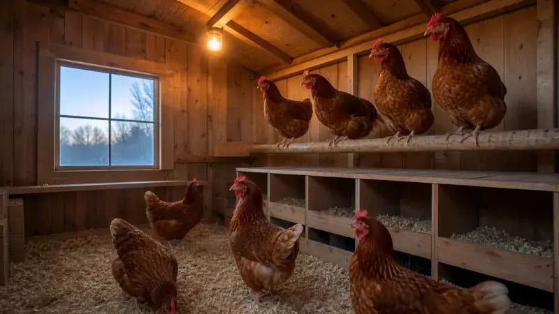 Warm bulb glowing inside a wooden backyard chicken coop at dawn with hens on perches