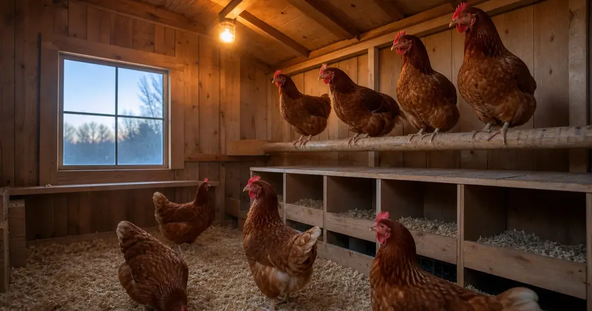 Warm bulb glowing inside a wooden backyard chicken coop at dawn with hens on perches